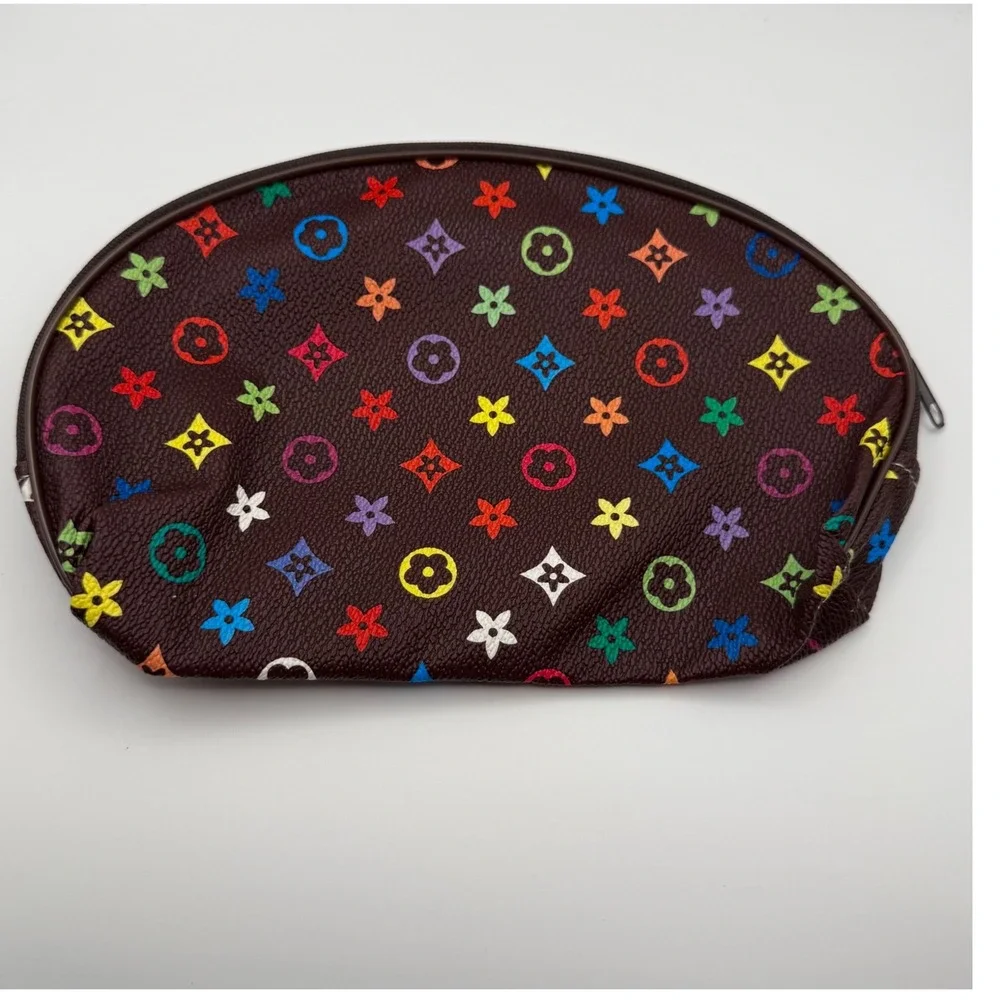 Brown Multicolor Monogram Cosmetic Bag Makeup Pouch Zipper Closure